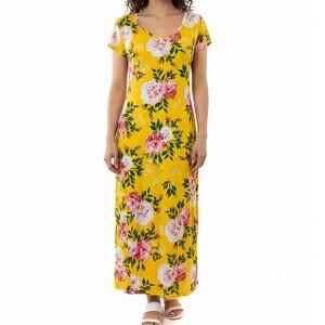 Womens Yellow Floral Dress Cottagecore Garden Summer Maxi Short Sleeve T Shirt L